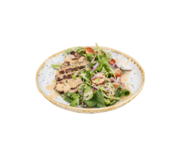 ein Teller mit Kalbfleisch Fleisch auf Grüns mit Gemüse und Oliven unter Nuss Soße auf ein hölzern Tabelle oben Aussicht isoliert auf transparent Hintergrund. png