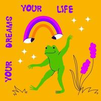 Retro 70s image of a frog with colors and rainbow. vector