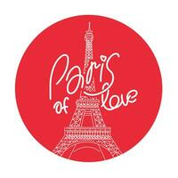 Eiffel Tower on a red sticker with the inscription. Vector illustration in a linear style.