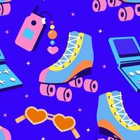 Seamless pattern y2k with roller skates, goggles and tetris. vector