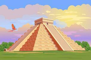 El Castillo of Chichen Itza, mayan pyramid in Yucatan, Mexico. Vector Illustration of ancient Mayan pyramids in the jungle in daytime