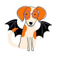 Cute beagle dog in bat costume isolated on transparent background. Doggy character in Halloween costume for pets party. Vector illustration for prints, cards, decorations.