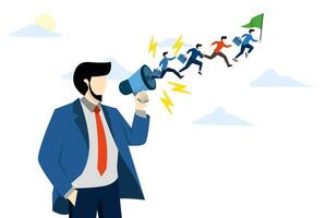 concept of motivating employees or team to move forward to achieve target, guiding coworkers to achieve goals, motivation, businessman boss talking with megaphone to move team forward. vector