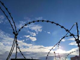 Barbed twisted wire metal fence close view photo