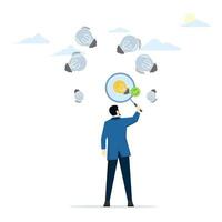 Your Startup Idea validation concept. Find a problem that is feasible enough to solve. Determine the idea validity of the idea. Businessman using magnifying glass with light bulb. vector illustration.