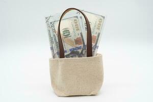 Small bag of dollars on a isolated background. Dollars in a bag as a symbol of savings. Copy space for text, advertising. photo