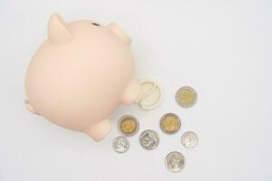 Open piggy bank with money on isolated background. getting money from a piggy bank. photo