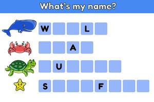 Educational game for kids. Write the missing letters. Exercise for Spelling training english words on theme sea animals. Worksheet for education children. Cartoon whale, crab, turtle, starfish. Vector