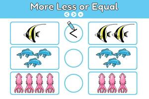 Math educational game for children. Learning kids counting and algebra. Task with cartoon fishes and squids. Count sea animals, compare and write down sign choose more, less or equal. Vector design.