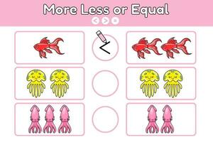 Math educational game for children with cartoon fishes, squids and jellyfishes. Learning kids counting and algebra. Count sea animals, compare and write down sign choose more, less or equal. Vector. vector