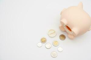 Open piggy bank with money on isolated background. getting money from a piggy bank. photo