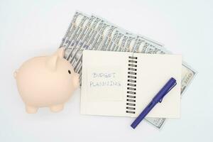 Money budget planning. Piggy bank with notebooks on white background, financial goal concept. photo