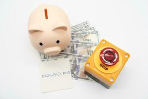 Concept of emergency savings fund. A piggy bank with dollar and stop button. money with piggy bank for saving emergency money. photo