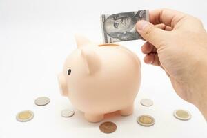 Piggy bank with dollar and coins. Finance, saving money concept.  Safe finance investment. Financial services. photo