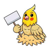 Cute lutino cockatiel bird cartoon holding blank sign vector