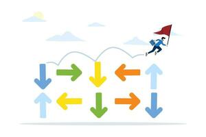 concept of overcoming uncertainty, making decisions or determination to achieve success, difficulty or courage to solve problems or difficulties, businessman jumping arrows uncertain random direction. vector