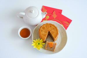 Top view of Chinese Mid-Autumn Festival concept made from mooncakes, tea decorated and red envelopes isolated on white background. photo