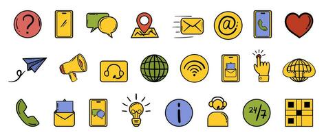 Contact us icon collection in hand drawn doodle line and color style. Vector set with customer support symbols - chat, email, phone and others.