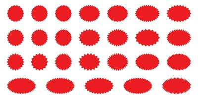 Set of red starburst, sunburst badges. Design elements - best for sale sticker, price tag, quality mark. Flat vector illustration isolated on white background.