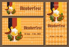 Oktoberfest German beer festival background, vertical and horizontal banner collection. Design with glass of beer, fork with grilled sausage, pretzel, wheat and leaves, Germany color flag. vector