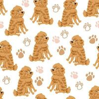 Vector seamless pattern with cute fluffy dog and paw prints, kid pattern with dogs on white