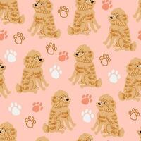 Vector seamless pattern with cute fluffy dog and paw prints, kid pattern with dogs on pink background. Hand drawn animal pattern