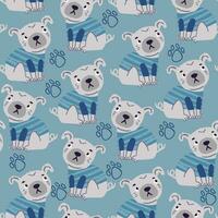 Vector seamless pattern with cute pugs wearing blue tshirt with paws on blue background. Perfect for children's pattern for boys. Simple cute pug puppy pattern in hand drawn style