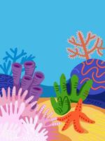 submarino escena antecedentes con coral lee, rocas, corales, estrella de mar. niños ilustración antecedentes debajo el mar. coral refrescar antecedentes en dibujos animados estilo vector