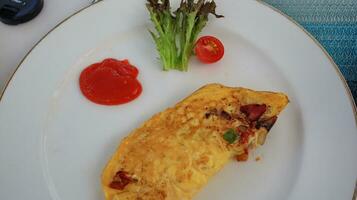 Omelet served with vegetables and spicy sauce photo