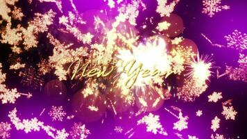 Happy New Year golden text with snowflakes and bokeh video