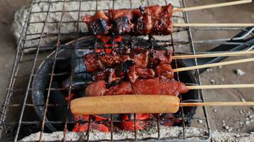 sausages and meat grilled over the fireplace with spicy soy sauce photo