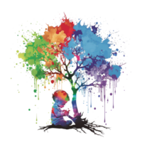 Watercolor kid with tree, Ai Generative png