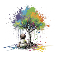 Watercolor kid with tree, Ai Generative png