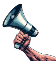 Muscle man hand holding a megaphone. Comic Cartoon AI generative Illustration png