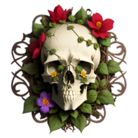 skulls, flowers and vines on a transparent background by ai generator png