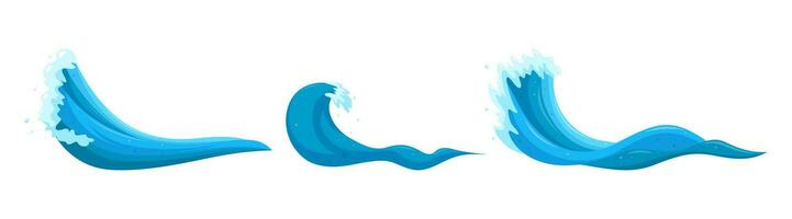 Flooding tsunami waves set. Rising water for big wave surfing. Cartoon vector illustration