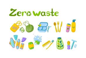 Set of zero waste items. Symbol of recycling and reusable items. Refuse, reduce, reuse and go green. Vector illustration