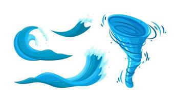 Tornado and tsunami waves set. Ocean storm with whirpool and waves. Vector illustration isolated in white background