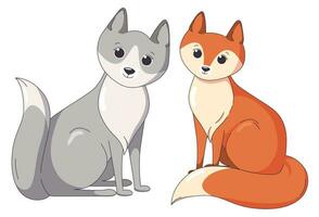 Fox and wolf sitting together. Forest predators. Vector illustration in cute cartoon style