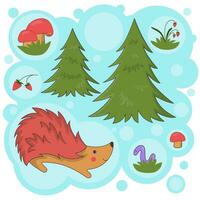 Hedgehog, firs, berries and mushrooms vector