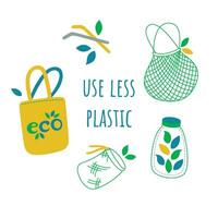 Zero waste set. Eco bags and other things. Vector illustration in flat style