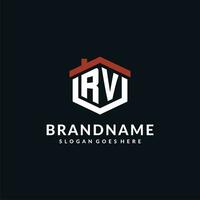 Initial letter RV logo with home roof hexagon shape design ideas vector