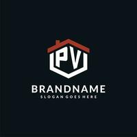 Initial letter PV logo with home roof hexagon shape design ideas vector