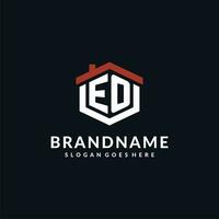 Initial letter EO logo with home roof hexagon shape design ideas vector