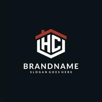 Initial letter HC logo with home roof hexagon shape design ideas vector