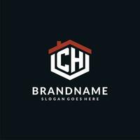 Initial letter CH logo with home roof hexagon shape design ideas vector