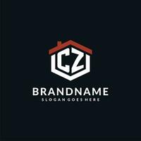 Initial letter CZ logo with home roof hexagon shape design ideas vector