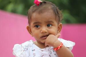 Cute indian baby girl looking at camera on pink background. photo