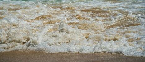 Small waves creating foam on the beach with white sand, hot day and calm sea, Mahe Seychelles photo