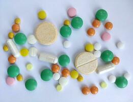 Stack of colourful pills, medicine background photo